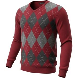 Stafford Argyle Sweater Mens V Neck Red Gray‎ Long Sleeve Pullover Academia Y2K